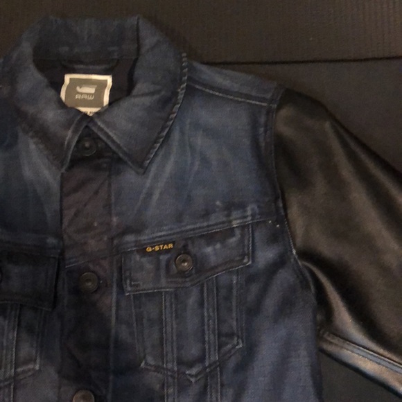 G-Star Raw Inked Denim Dark Blue Jean Jacket w/Authentic Leather Biker Sleeves - Picture 3 of 16